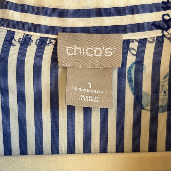 Chico's Blue and White Striped Button Down Elephant Floral Shirt Sz 1 or 8-10 - Picture 8 of 15